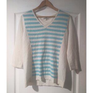 NEW! Kinross | 100% Cashmere V-Neck Sweater In Ivory & Aqua Stripes